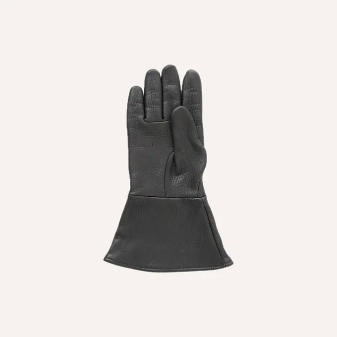 A picture of a black glove made of deerskin by Sullivan Glove Company. Made in the USA and is called the “Sullivan Glove.”