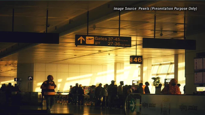 Passengers waiting near an airport security checkpoint before departure while cabin baggage screening and boarding procedures take place inside a modern international terminal. The image reflects common airport security situations faced by first-time travelers, including document checks, carry-on luggage inspection, electronics screening, and long security queues. Warm lighting and directional airport gate signs create a realistic travel atmosphere connected to flight preparation and airport delays. The scene represents modern airport security procedures in 2026, where travelers must follow updated TSA rules, liquid restrictions, power bank regulations, and cabin baggage policies before boarding domestic or international flights safely and efficiently.