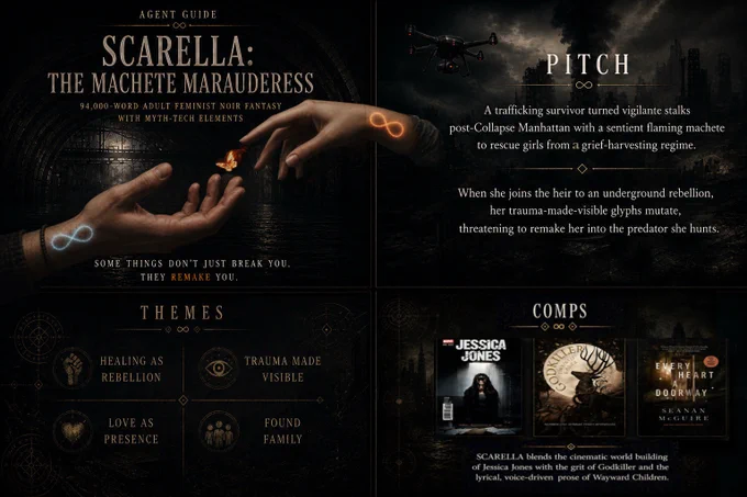 Four-panel graphic for SCARella: The Machete Marauderess, a 94,000-word adult feminist noir fantasy with myth-tech elements. Includes a visual of two hands reaching toward a glowing butterfly with glyph markings, a pitch about a trafficking survivor turned vigilante in post-Collapse Manhattan, themes of healing and found family, and comps including Jessica Jones, Godkiller, and Wayward Children.