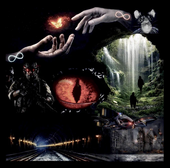 Collage-style moodboard featuring glowing infinity symbols on two hands reaching, a small rat, a red eye, armed soldiers, a futuristic flying drone, a tunnel with train tracks, a city in ruins, and a lush cave with a waterfall where two figures stand beneath the light.