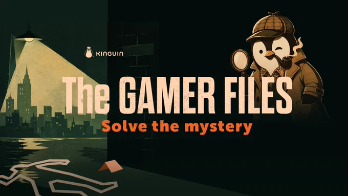 The image features a detective-themed design with a cartoon penguin holding a magnifying glass, resembling a detective. The words "The GAMER FILES" and "Solve the mystery" are prominently displayed. The Kinguin logo is in the top left. A city skyline and a chalk outline of a body are in the background.