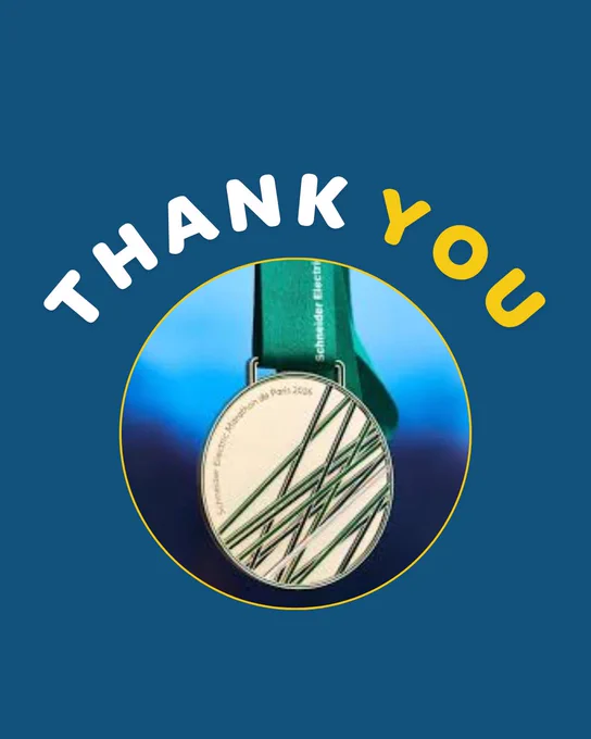 Thank you written over a navy blue background and a picture of the Paris Marathon medal underneath. 