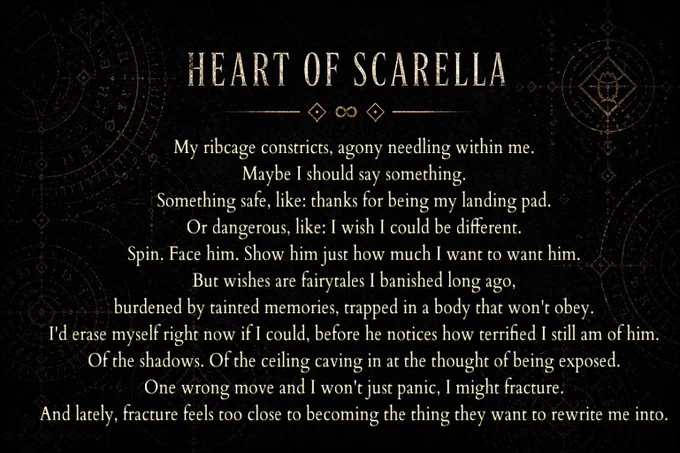 Graphic titled “Heart of SCARella” with a lyrical excerpt about a character’s internal conflict, wanting connection but feeling trapped by fear, trauma, and the risk of fracturing into something unrecognizable.