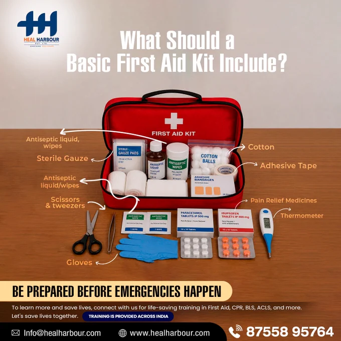 What Should a Basic First Aid Kit Include?🩹 

Be prepared before emergencies happen.🚑 
A well-stocked first aid kit can make a big difference when every second counts.

📞 Call Now: 87558 95764
🌐 Learn More: www.healharbour.com


#FirstAidKit #EmergencyPreparedness #FirstAidAwareness #SafetyFirst #EmergencyCare #BePrepared #HealthSafety #Heal #Harbour #HealHarbourPvtLtd #Training