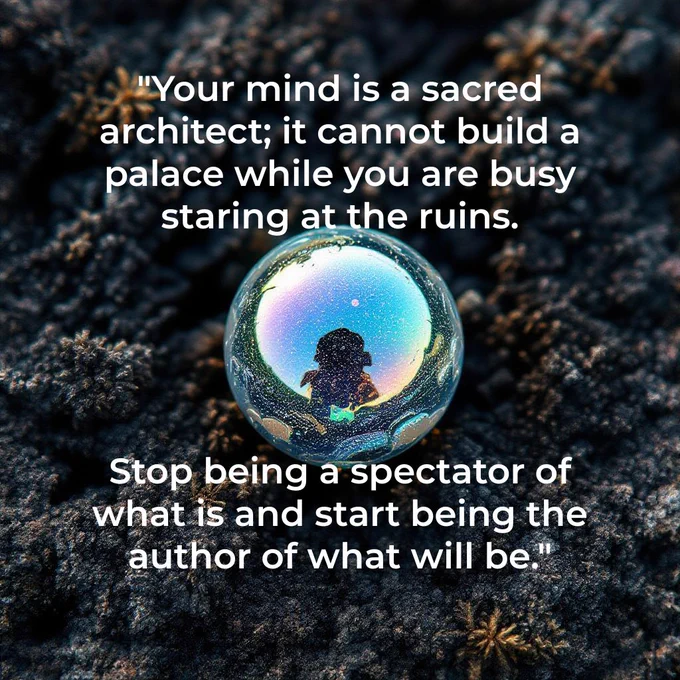 "Your mind is a sacred architect; it cannot build a palace while you are busy staring at the ruins. Stop being a spectator of what is and start being the author of what will be."