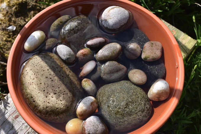 A bee bowl, made from a terracotta saucer containing different sized pebbles