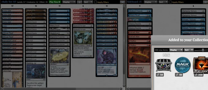 2 Island
2 Shivan Reef
4 Fiery Islet
2 Arcbound Ravager
4 Mishra's Bauble
4 Mox Opal
4 Preordain
4 Pinnacle Emissary
1 Pithing Needle
4 Weapons Manufacturing
1 Shadowspear
4 Spirebluff Canal
1 Sink into Stupor
1 Skateboard
1 Steam Vents
4 Urza's Saga
1 Welding Jar
3 Claws of Gix
3 Tormod's Crypt
4 Kappa Cannoneer
2 Emry, Lurker of the Loch
4 Engineered Explosives

2 Damping Sphere
2 Whipflare
1 Consign to Memory
3 Metallic Rebuke
1 Mystical Dispute
1 Strix Serenade
2 Vexing Bauble
1 Hurkyl's Recall
2 Galvanic Blast


