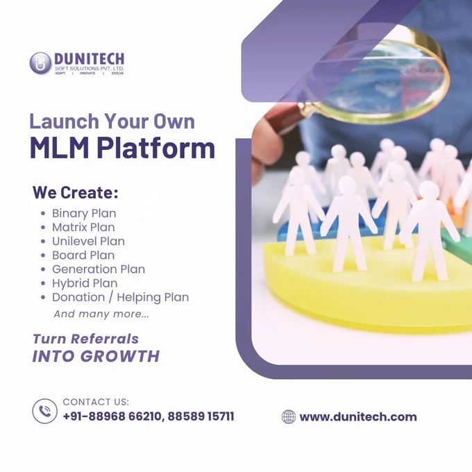 A professional MLM software promotion poster by Dunitech featuring the headline “Launch Your Own MLM Platform,” a list of MLM compensation plans, and a visual of networked paper figures symbolizing referral growth and team building.