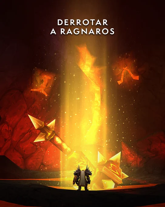 En la parte superior de la imagen se lee: \u00ABDerrotar a Ragnaros\u00BB. La captura de pantalla muestra la silueta de un orco visto de espaldas en las profundidades del N\u00FAcleo de Magma, una banda bajo la Monta\u00F1a Roca Negra. en el suelo hay una lava que ilumina toda la caverna. La banda ha sido todo un \u00E9xito, ya que hay un enorme [Sulfuras, Mano de Ragnaros] frente al orco. 