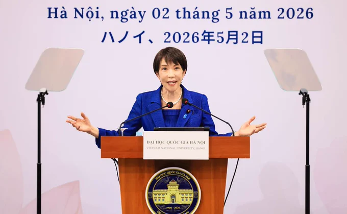 PM Takaichi delivered a foreign policy speech, including the evolution of the Free and Open Indo-Pacific (FOIP), at Vietnam
National University, Hanoi, on May 2, 2026. Source: X/@MofaJapan_en