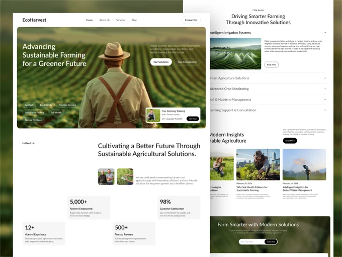 EcoHarvest is a modern agriculture website design focused on sustainable farming, smart irrigation, precision agriculture, and innovative farming solutions. This clean and professional landing page features a modern UI/UX layout with eco-friendly visuals, agriculture technology sections, service showcases, blog cards, and responsive design elements crafted for agribusiness startups and sustainable farming brands.

AVAILABLE FOR NEW PROJECT
Feel free to mail me: efatuix@gmail.com
📞 Whatsapp:  8801409008486.

#agriculturewebsite #smartfarming #farmwebsite #agriculture #webdesign #websitedesign #efatuix #AntDesk #landingdesign #SaasDesign #clearwebdesign #farmmanagement #modernui #modernfarmingwebsite #smartsolutions