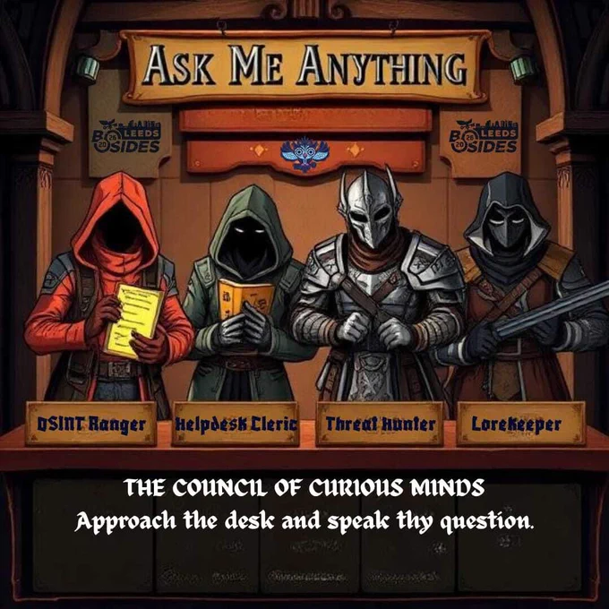 Four video game style assassins and knights under an sign saying Ask Me Anything. At the bottom it says 'The council of curious minds - approach the desk and speak thy question'