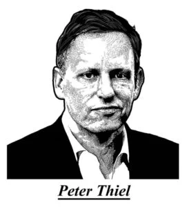 A sharp, stylized portrait photo of tech billionaire Peter Thiel looking directly forward, symbolizing the central, corporate intelligence and political influence behind the automated media narratives and the digital feudalism architecture.