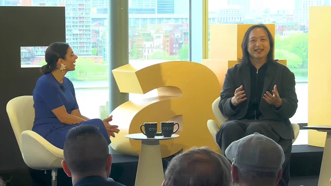 Audrey Tang (right), Taiwan’s cyber ambassador, first digital minister, architect of the Taiwan Model for digital diplomacy and 2025 Right Livelihood laureate, takes part in a fireside conversation with Hala Hanna (left), executive director of MIT Solve, during SOLVE at MIT 2026 in Cambridge, Massachusetts.