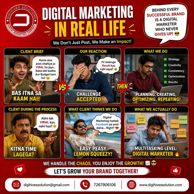😂📱 जब Client बोले:
“Post तो डाल दिए… अब Viral क्यों नहीं हो रहे?” 🤔🔥

Digital Marketing सिर्फ पोस्ट डालना नहीं,
ये है सही Strategy   Smart Planning   Creative Content का गेम! 🚀💡

💡 स्मार्ट प्लानिंग   सही रणनीति = तेजी से ग्रोथ 📈

Let your brand speak louder, smarter, and more effectively! 🔥

📍 Digihives Solutions.✅
Best Digital Marketing Company in Varanasi
SEO Company | Social Media Marketing Agency

📲 Call Now: 072679 06106
📩 Email: [digihivessolution@gmail.com](mailto:digihivessolution@gmail.com)
🌐 Website: [www.digihivessolution.com](http://www.digihivessolution.com)

#DigihivesSolutions #DigitalMarketing #FunnyMemes #MarketingMemes #SEOExperts #SocialMediaMarketing #BusinessGrowth #DigitalAgency #VaranasiBusiness #MarketingStrategy #ViralMarketing #ContentCreator #OnlineBusiness #BrandBuilding #MemeMarketing #SmartMarketing #GrowOnline #SEOServices #CreativeAgency #SocialMediaExperts
