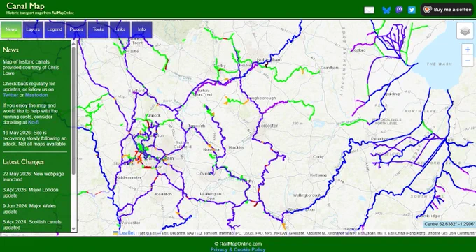 Map of historic canals and navigable waterways, showing central England from Birmingham to The Wash.  The map is drawn by Chris Lowe and hosted on RailMapOnline.