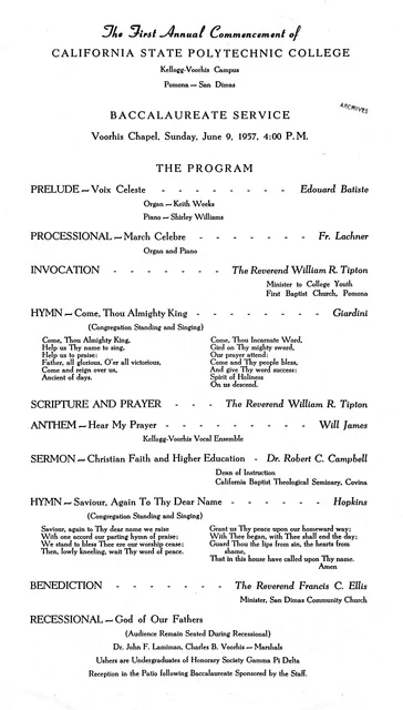 Black-and-white scanned page titled “The First Annual Commencement of California State Polytechnic College” for a baccalaureate service held Sunday, June 9, 1957, at Voorhis Chapel in Pomona–San Dimas. The page lists the religious service program, including prelude, processional, invocation, hymns with printed lyrics, scripture and prayer, anthem, sermon by Dr. Robert C. Campbell, benediction, and recessional. Clergy, musicians, and vocal ensemble members are credited throughout the page.
