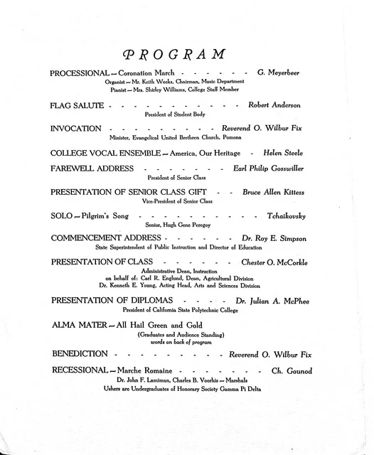 Duplicate black-and-white scan of the same “PROGRAM” page from the 1957 California State Polytechnic College commencement booklet. The page outlines commencement ceremony events and participants, including musical selections, speeches, diploma presentation, and closing recessional.