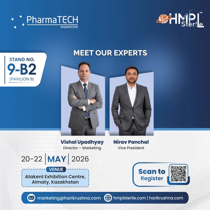 Looking for next-gen Pharma Packaging Solutions?

HMPL Sterile is coming to PharmaTECH Kazakhstan 2026 (May 20-22)!

If you want to optimize your production lines, ensure sterility, and boost efficiency, don't miss the chance to interact with our experts: Vishal Upadhyay & Nirav Panchal.

Meet us at: Stand 9-B2 | Pavilion 9 | Atakent Exhibition Centre, Almaty

Join us and explore the future of pharmaceutical manufacturing with HMPL Sterile.

Pre-register: https://bit.ly/3OHoUah
More details: https://bit.ly/4n8U07o

#PharmaTECHKazakhstan #HMPLSterile #PharmaManufacturing #PharmaInnovation #FillFinish #PharmaceuticalIndustry #CentralAsia #HarikrushnaMachines #GMP #Technology #Packaging