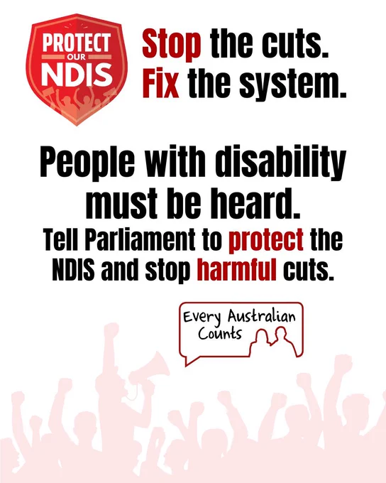 Graphic with a light grey background and red crowd silhouettes along the bottom. At the top is a red shield logo reading “Protect Our NDIS” beside the text “Stop the cuts. Fix the system.” in large black and red lettering. Main text reads: “People with disability must be heard. Tell Parliament to protect the NDIS and stop harmful cuts.” The Every Australian Counts logo appears near the bottom centre.