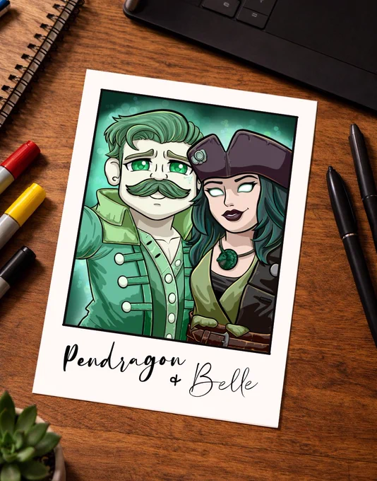 Art print in a retro Polaroid style featuring a sorrowful Pendragon holding Belle closely in an emotional embrace. The scene has a melancholic, intimate atmosphere with soft lighting and fantasy-inspired character design, resembling a candid snapshot from a forgotten video game world.