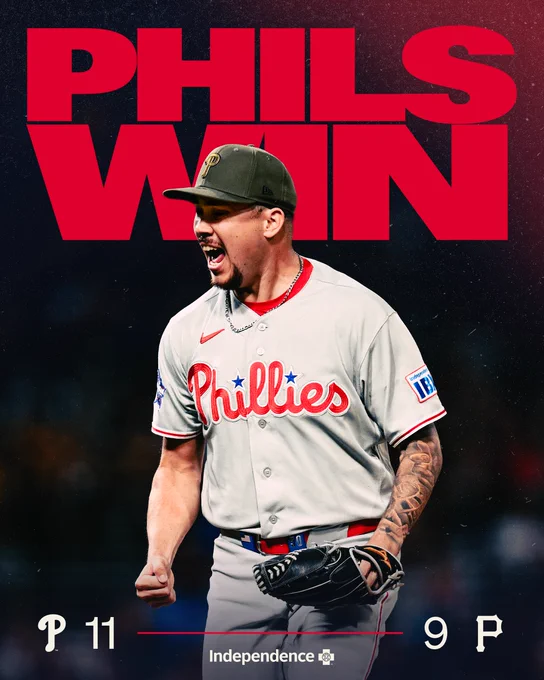 Phillies beat Pirates 11-9. Image shows Orion Kerkering celebrating after the final out.