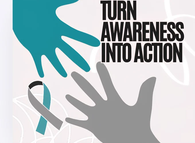Social media poster
Black font reads:
Turn awareness into action 

Graphic of teal hand and gray hand reaching out to each other
International Long Covid Awareness ribbon (teal, gray & black)