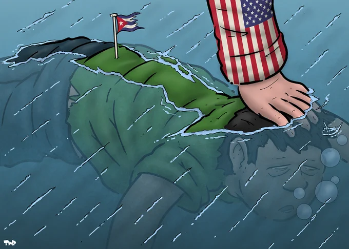 Cartoon showing a body floating in the water belly-down, mostly submerged. The part that is not submerged is in the shape of Cuba. An arm with the colors of the US flag on it is coming down from the sky, the hand is forcing the head of the floating body underwater. Air bubbles escape from the mouth of the head.
