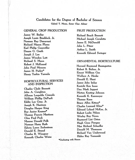 Black-and-white scanned page titled “PROGRAM” from the 1957 California State Polytechnic College commencement booklet. The page lists the order of events for the graduation ceremony, including the processional “Coronation March” by Meyerbeer, flag salute, invocation, college vocal ensemble performance, farewell address by Earl Philip Gosswiller, presentation of the senior class gift, a solo performance of “Pilgrim’s Song,” commencement address by Dr. Roy E. Simpson, presentation of diplomas by Dr. Julian A. McPhee, alma mater, benediction, and recessional. Speaker and participant names are printed beneath each section in formal serif typography.