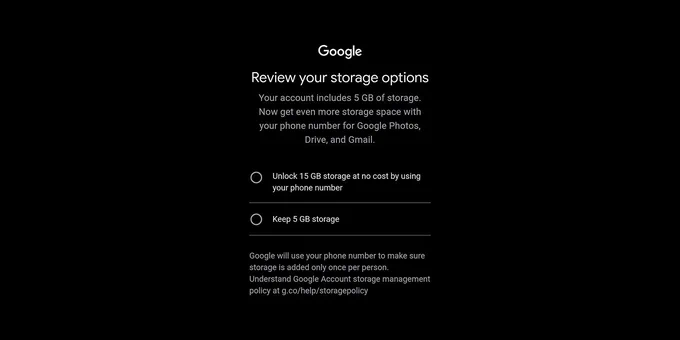 Google prompts users to choose between 5GB storage or unlocking 15GB by verifying a phone number for additional service.