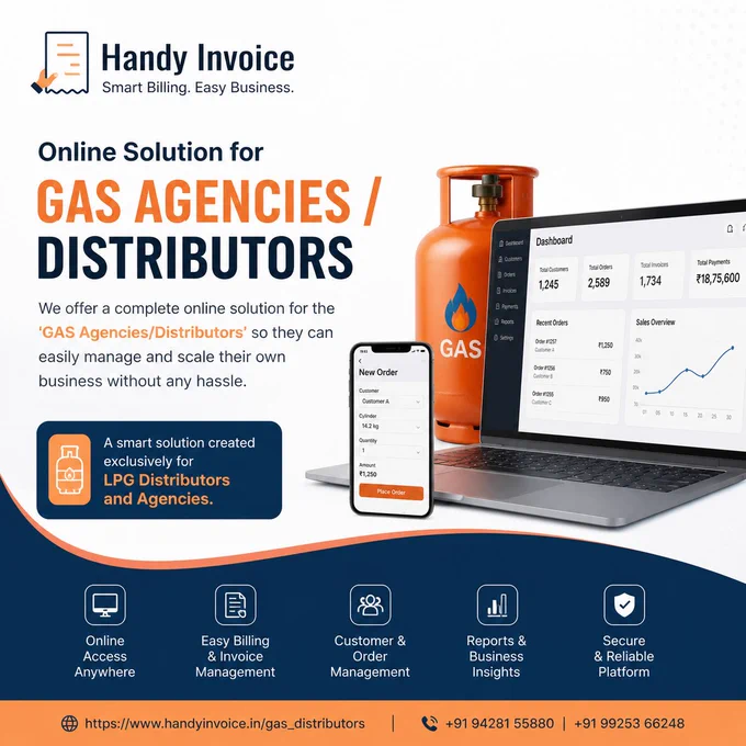 Handy Invoice offer a complete online solution for the 'GAS Agencies/Distributors' so they can easily manage and scale their own business without any hassle.

#lpg #lpgagency #lpgdistributor #hpcl #bpcl #iocl #handyinvoice