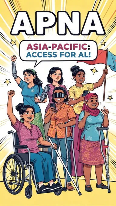 An illustration celebrating Global Accessibility Awareness Day, featuring the bold title "APNA" and a speech bubble reading "ASIA-PACIFIC: ACCESS FOR ALL!". It depicts a diverse group of six smiling women from the Asia-Pacific region showcasing different accessibility needs and assistive technologies, including a wheelchair, a white cane, crutches, prosthetic limbs, a VR headset, and smartphones.