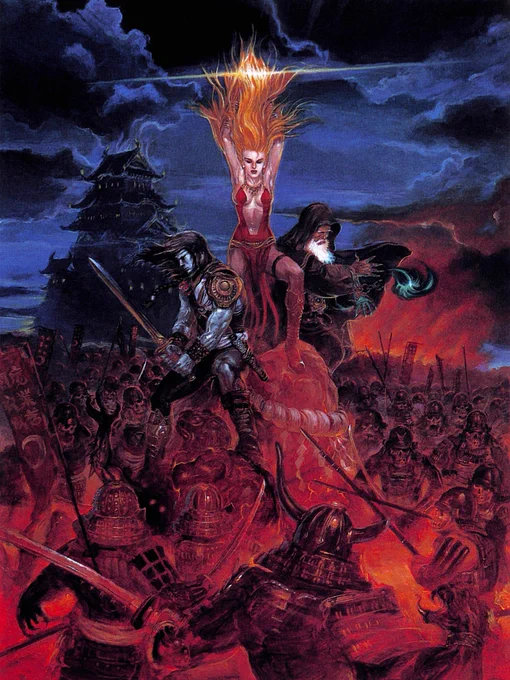Sorcerian System Scenario Vol.2 clean artwork by Katsuya Terada used on the cover of the NEC PC-88/PC-98 and Sharp X1 releases in Japan. Image depicts a blonde woman in a revealing red dress, ornate boots and necklace with her arms and hair raised, where a shining light can be seen right above her. On the left there's a warrior with dark hair holding a sword with his two hands, with a ornate shoulder pad and dagger hanging from his waist. To the right there's an old mage in a dark cloak casting some sort of green magic. They're surrounded by hundreds of skeleton samurai warriors holding katanas, pikes, flags, and the like. A Japanese castle can be seen further back in the distance to the left as well as some flames to the right. The cloud above has a eerie feel to it with clouds in tones of black and dark blue. The skeleton army has a red tone standing out and contrasting with the sky above.