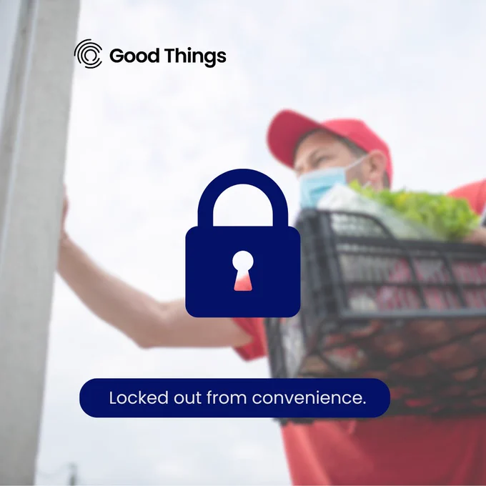 Delivery person with groceries ringing a door bell  service wearing a red cap and mask, handing over a basket of fresh produce to a customer. Overlaid with a blue lock icon and the text 'Locked out from convenience.'