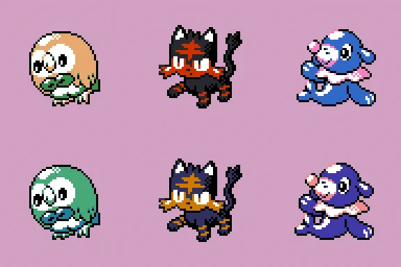 GSC-style sprites of Rowlet, Litten, and Popplio