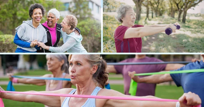 middle age and older women exercising.
