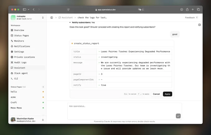 chat interface with the create_status_report confirmation draft
