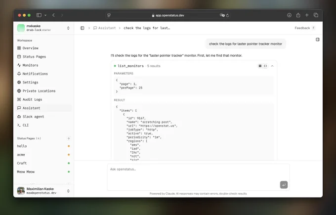 chat interface with the raw call details from list_monitors