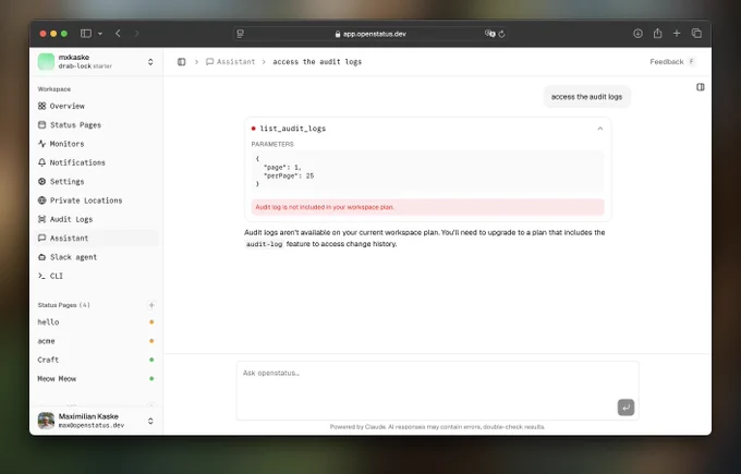 chat interface with an errored list_audit_logs call due to workspace plan restrictions