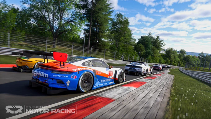 Race cars battle for position at the Nurburgring Nordschleife as rendered in the sim Project Motor Racing 