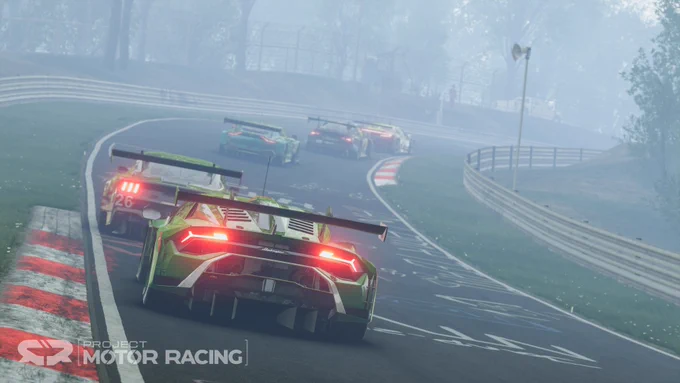 Race cars battle for position at the Nurburgring Nordschleife as rendered in the sim Project Motor Racing 
