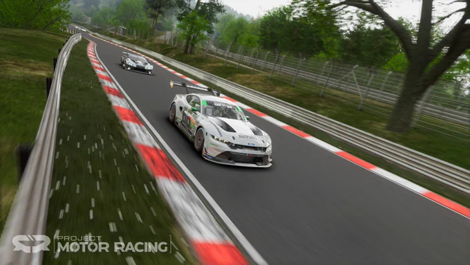 Race cars battle for position at the Nurburgring Nordschleife as rendered in the sim Project Motor Racing 