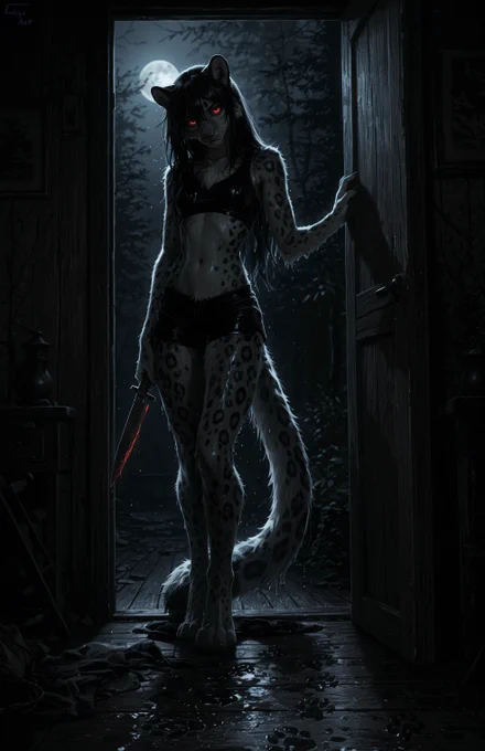 Shira, a snow leopard anthro with long black hair and glowing red eyes, stands in an open doorway at night under a full moon. She wears black shorts and a black crop top, one paw gripping the door while the other holds a red-stained knife at her side. Moonlight silhouettes her spotted fur and long tail, with wet pawprints trailing across the dark wooden floor behind her. The scene is ominous, cinematic, and horror-themed for Stabby Caturday.