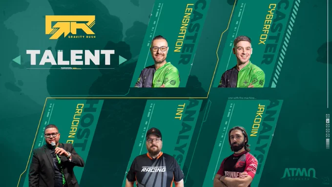 Teal esports banner with large TALENT title, yellow logo, and portraits of multiple casters and players in team jerseys.