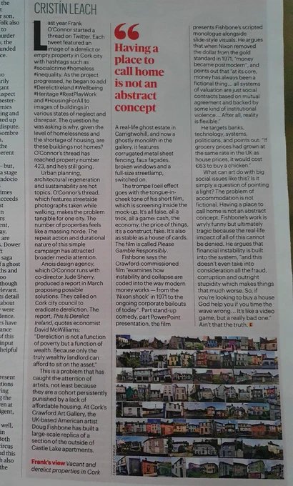 The art of a housing crisis
A 2021 piece by @cristinleach @thetimes reflecting on @judesherry & my infamous yearlong daily dose of dereliction, shining a bright light on Cork city, merging national #DerelictIreland movement & a Doug Fishbone ghost estates art piece in Crawford