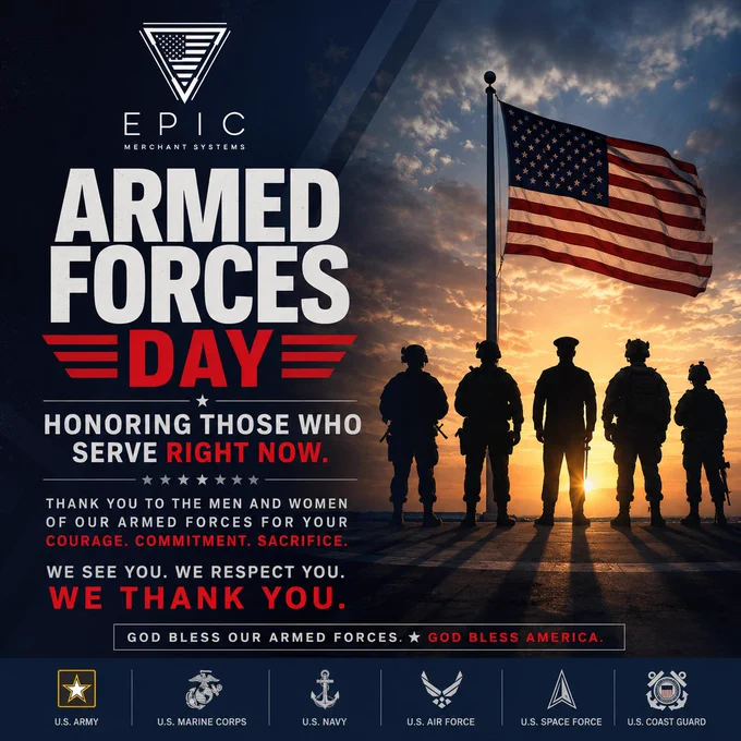 A bold tribute honoring the men and women actively serving in the United States Armed Forces. Featuring silhouettes of American service members standing beneath the American flag at sunset, this graphic represents courage, sacrifice, vigilance, and unwavering commitment to defending freedom. Created by EPIC Merchant Systems in recognition of Armed Forces Day and those currently standing the watch around the world.