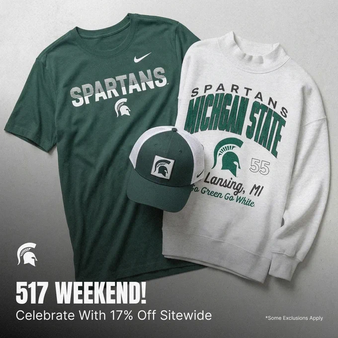 Promotional image displaying Michigan State Spartans apparel including a green T-shirt, a white sweatshirt, and a green and white cap. The text reads "517 Weekend! Celebrate With 17% Off Sitewide." Nike logo visible on the T-shirt.