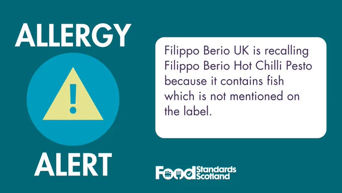 Allergy alert banner from Food Standards Scotland, stating that Filippo Berio UK is recalling Filippo Berio Hot Chilli Pesto due to undeclared fish content.
