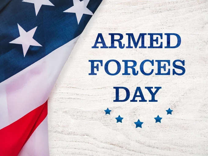 A US flag and the text "Armed Forces Day" with stars under it