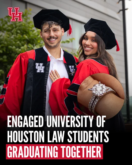 Engaged University of Houston law graduates smile in caps and gowns, showing an engagement ring. Text reads: Engaged University of Houston law students graduating together.
